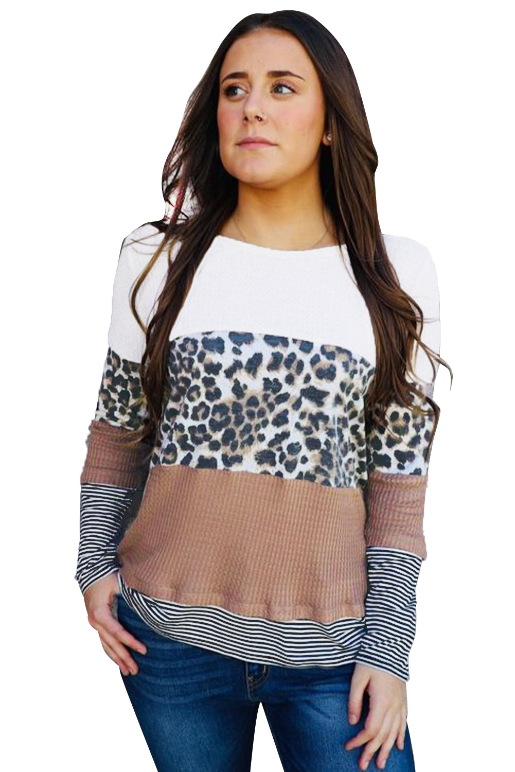 Stripes Leopard Splicing Colourblock Long Sleeve Top | Brown