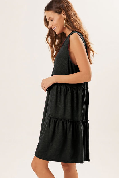 Split V Neck Tiered Flowy Sleeveless Dress | Black