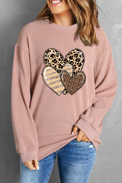 Leopard Heart Shape Corded Loose Fit Sweatshirt | Pink