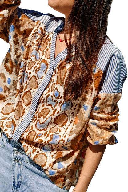 Colourful Leopard Striped Print Patchwork V Neck Shirt | Light French Beige