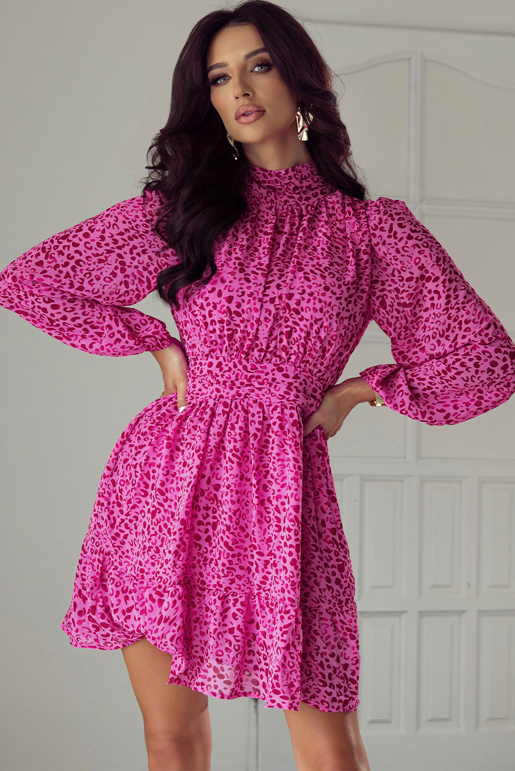 Leopard Puff Sleeve Knotted High Neck Ruffle Dress | Rose