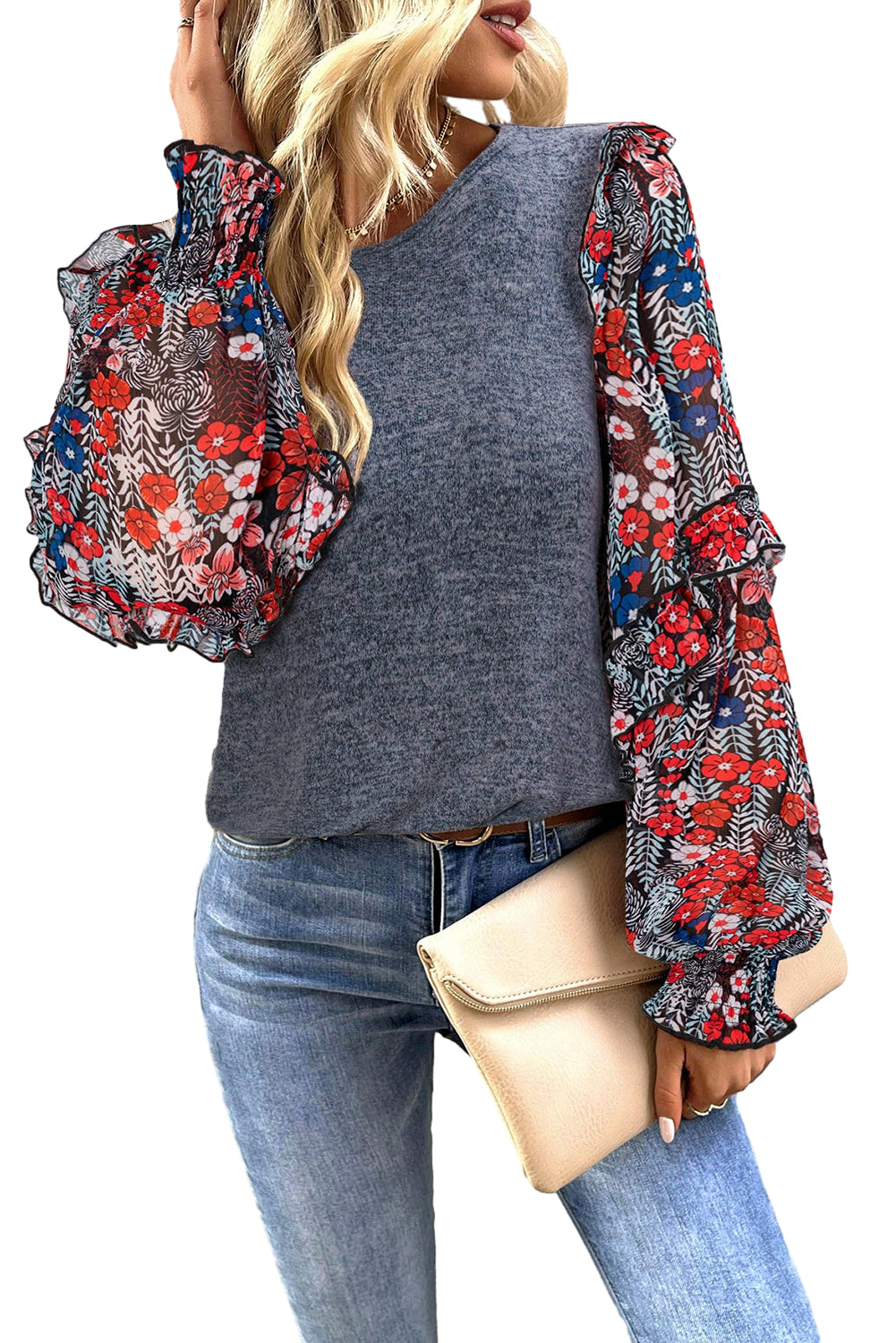 Ruffle Tiered Floral Sleeve Crew Neck Blouse | Blue