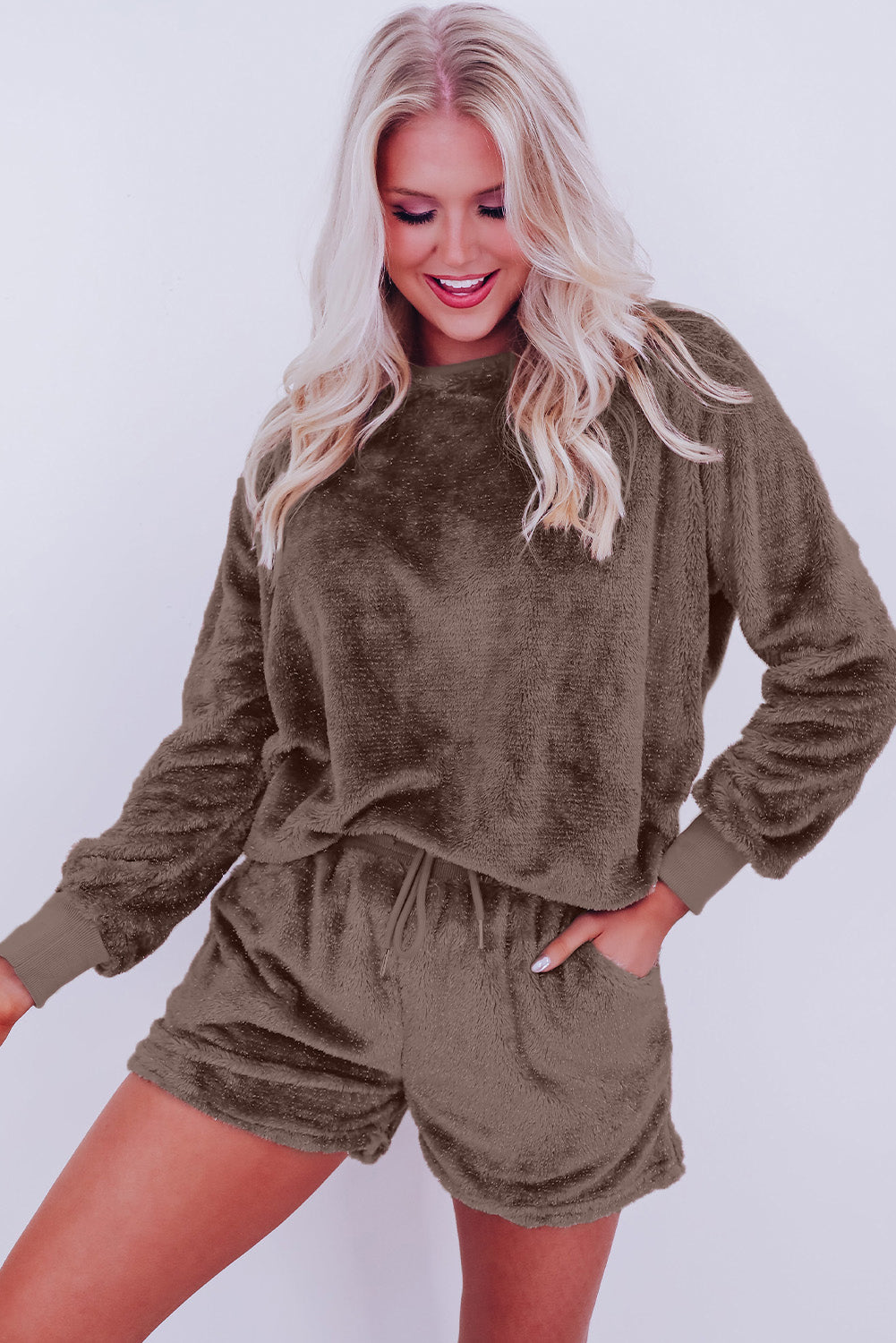 Solid Loose Fit Two Piece Fleece Lounge Set | Coffee