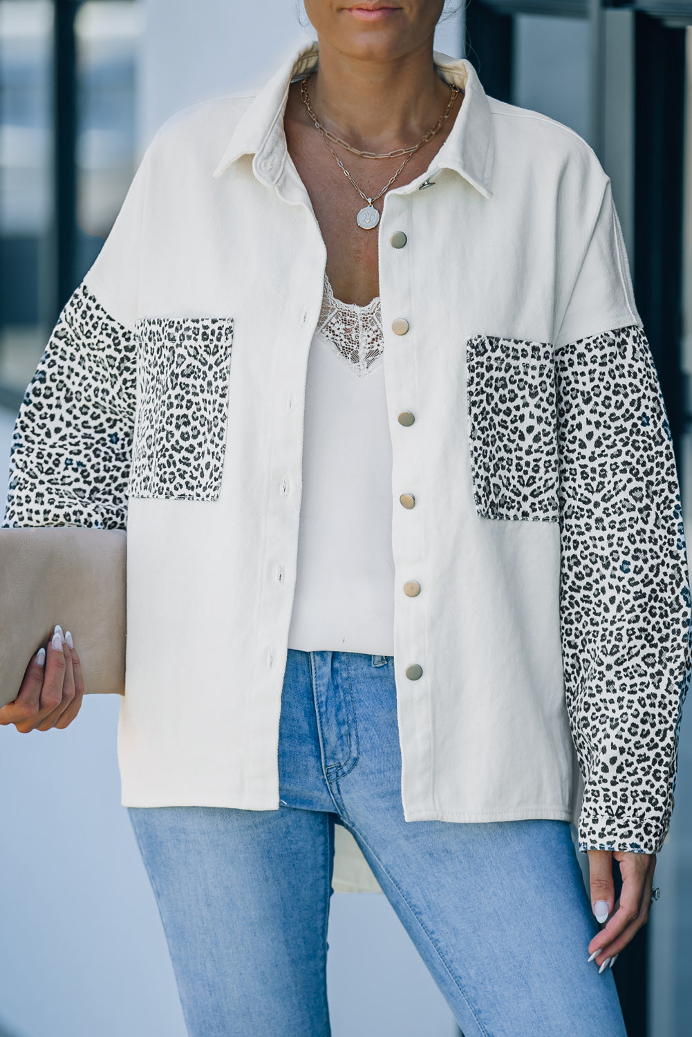 Contrast Leopard Denim Jacket | White