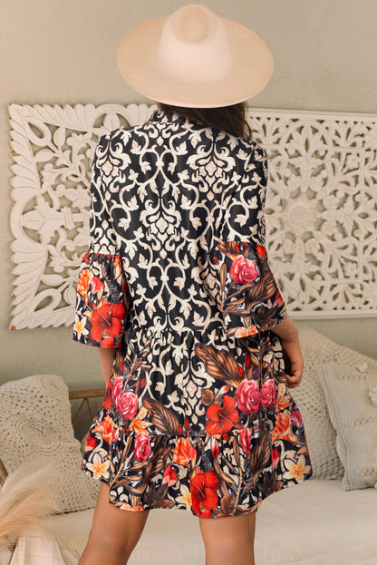 Retro Floral Mixed Print Split Neck A-Line Dress | Black