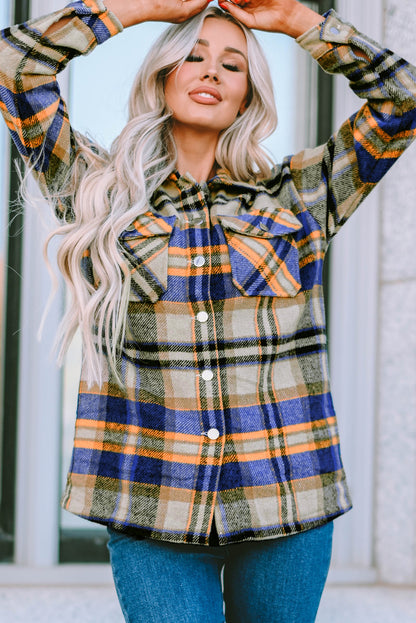 Geometric Plaid Print Pocketed Shacket | Blue