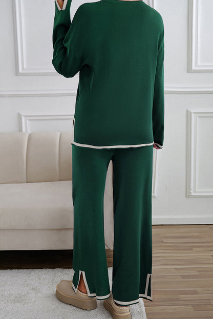 Contrast Trim Split Cuffs Long 2Pcs Sweater Outfit Loungewear | Blackish Green