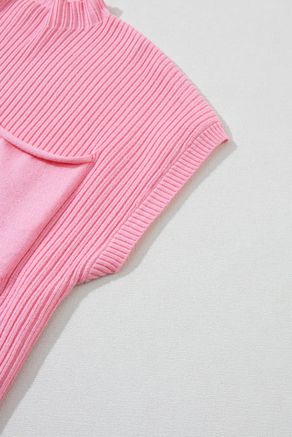 Patch Pocket Ribbed Knit Short Sleeve Sweater | Pink