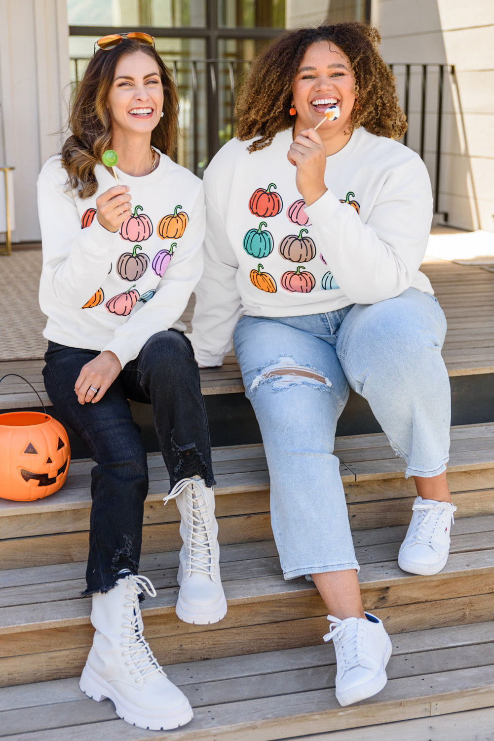 Vibrant Pumpkins Print Crew Neck Halloween Sweatshirt | Beige