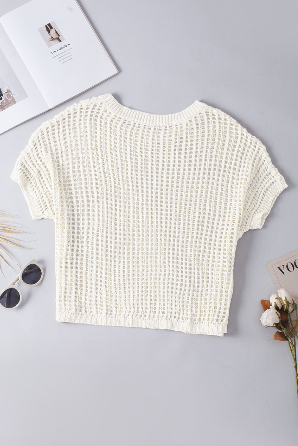 Whit Fishnet Knit Ribbed Round Neck Short Sleeve Sweater Tee | White