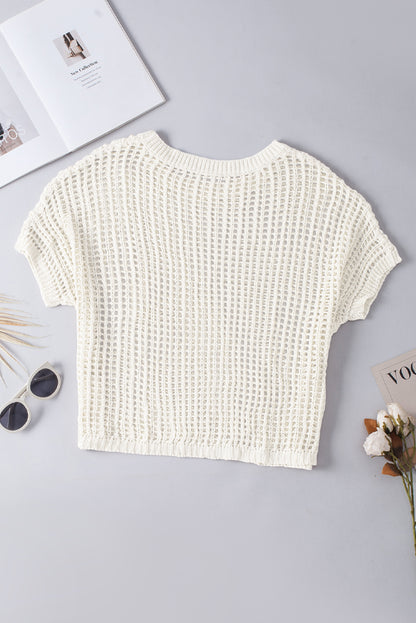 Whit Fishnet Knit Ribbed Round Neck Short Sleeve Sweater Tee | White