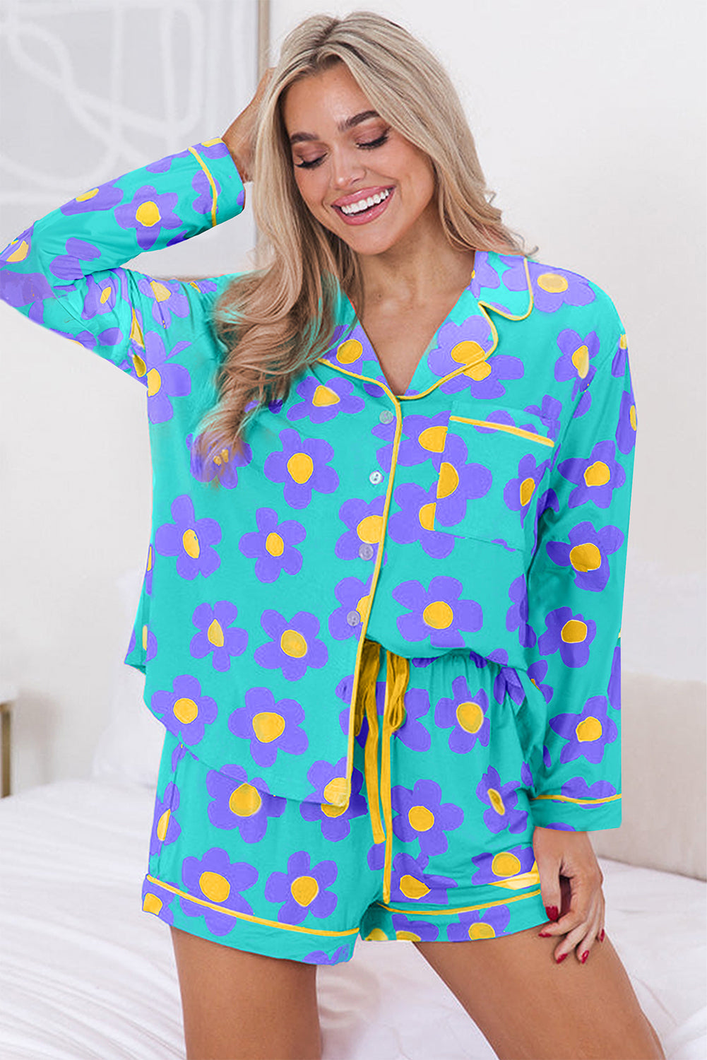 Flower Print Long Sleeve Shirt Shorts Pajamas Set | Green