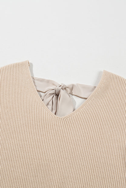 Lantern Sleeve V Neck Knot Back Sweater | Apricot