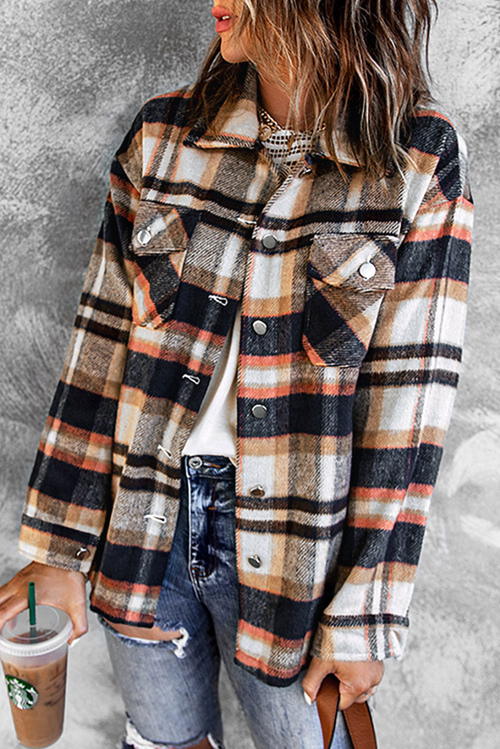 Geometric Plaid Print Pocketed Shacket | Blue