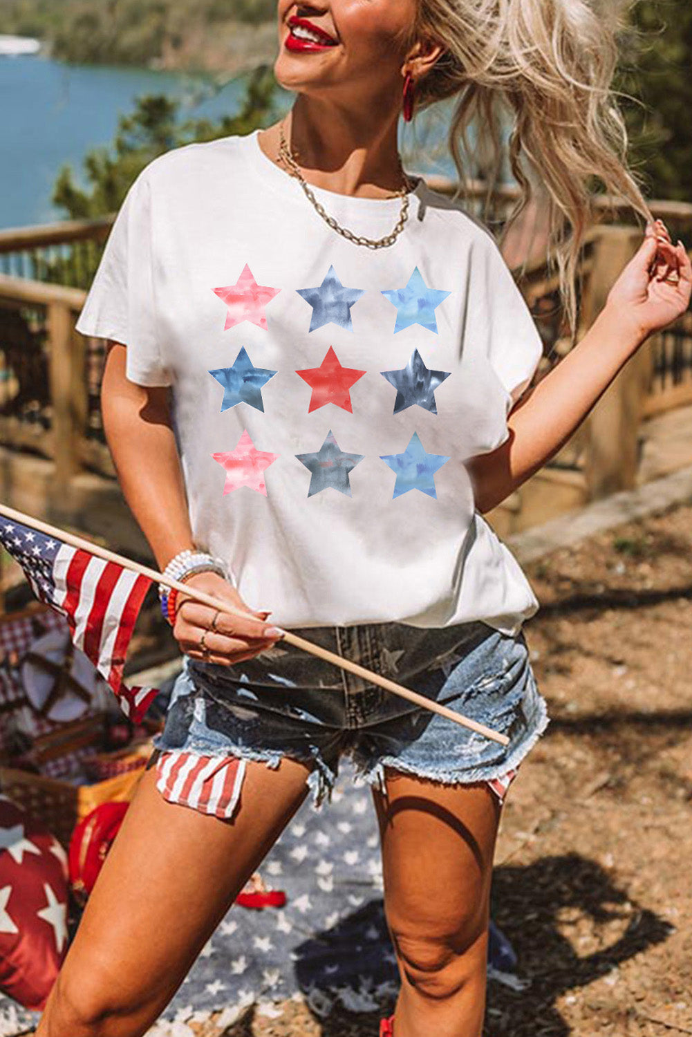 White Flag Day Stars Print Crew Neck T Shirt