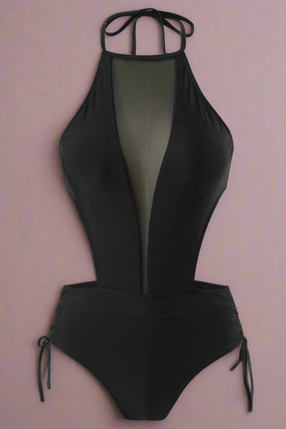 Mesh Cutout Ruched Drawstring Monokini Swimsuit | Black