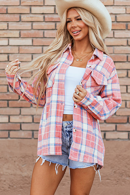 Plaid Flap Pocket Button Up Shacket | Pink