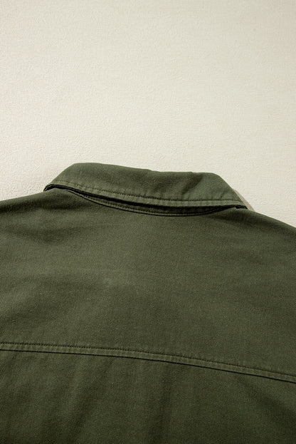 Snap Button Zipper Tight Waist Collared Jacket | Moss Green