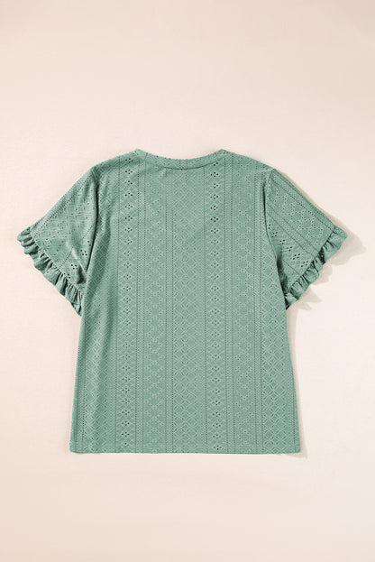 Petal Sleeve Jacquard V Neck Curvy Blouse | Laurel Green