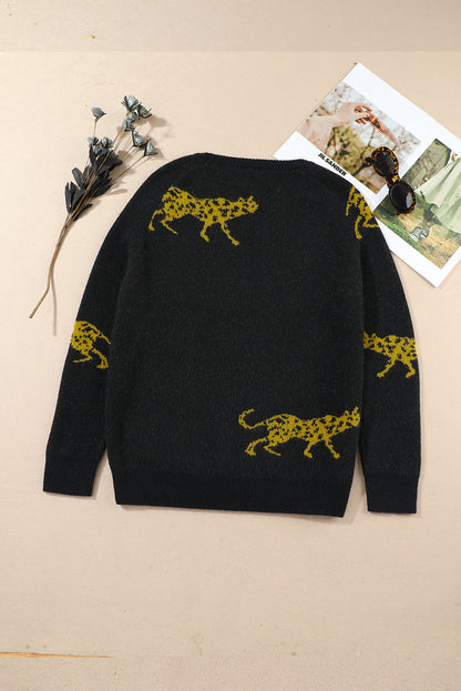 Cheetah Pattern Knit Round Neck Sweater | Black