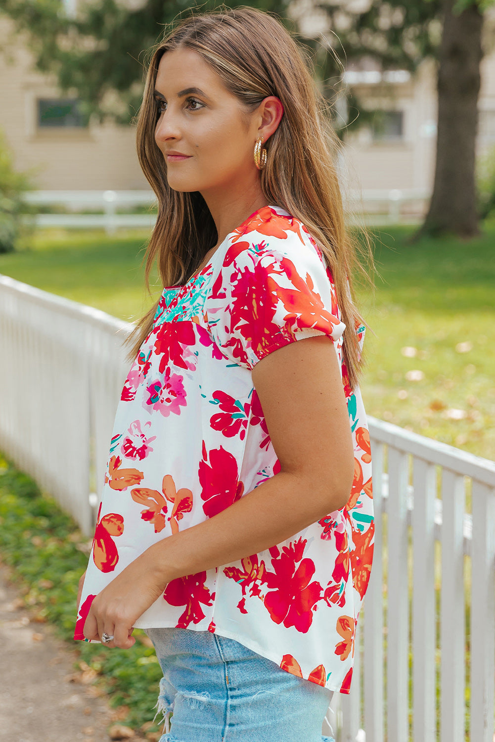 Fiery  Floral Printed Square Neck Blouse | Red