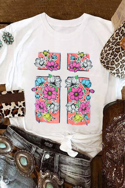 Floral Crossed Graphic Easter Round Neck T Shirt | White