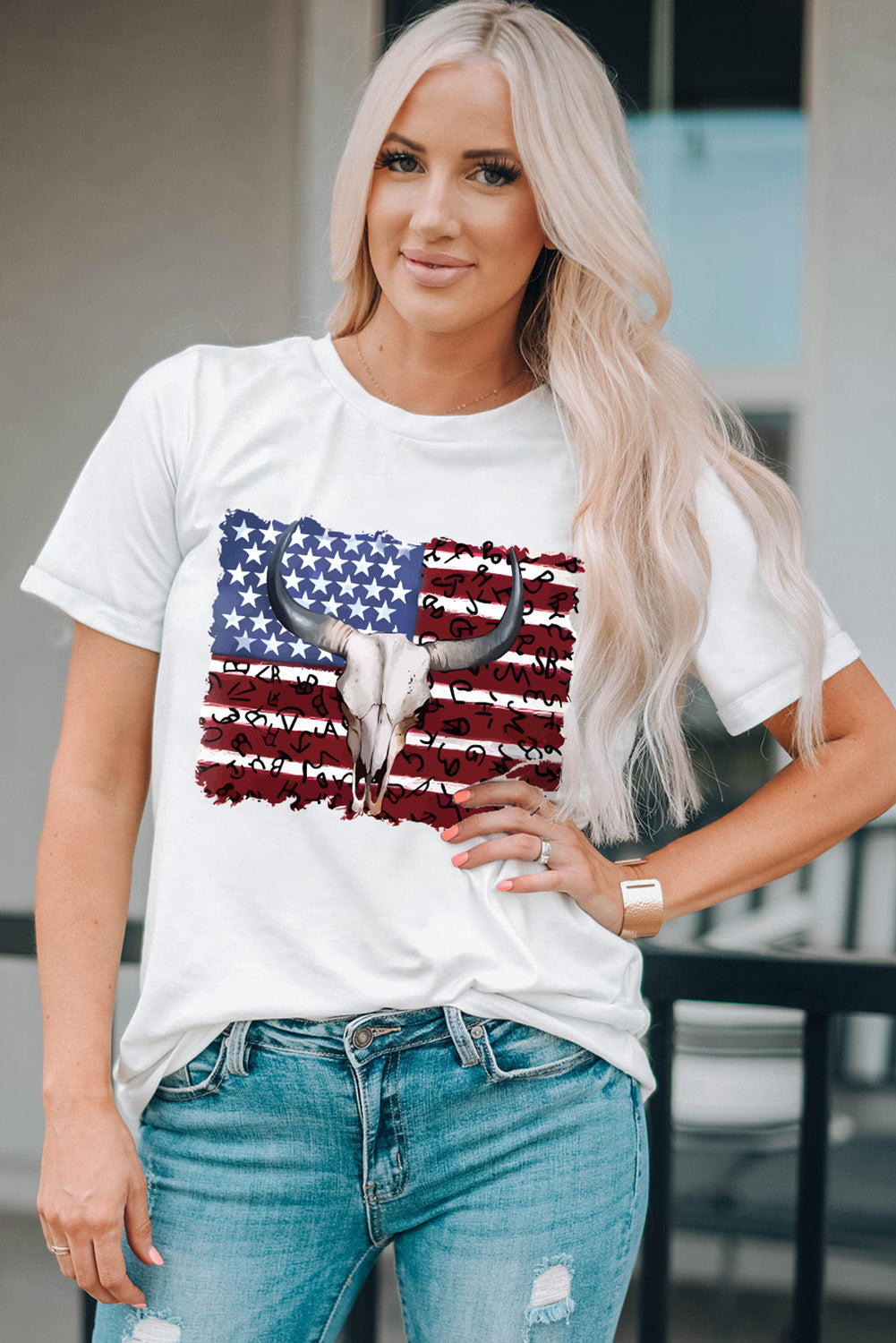 White Bull Skull American Flag Graphic Tee