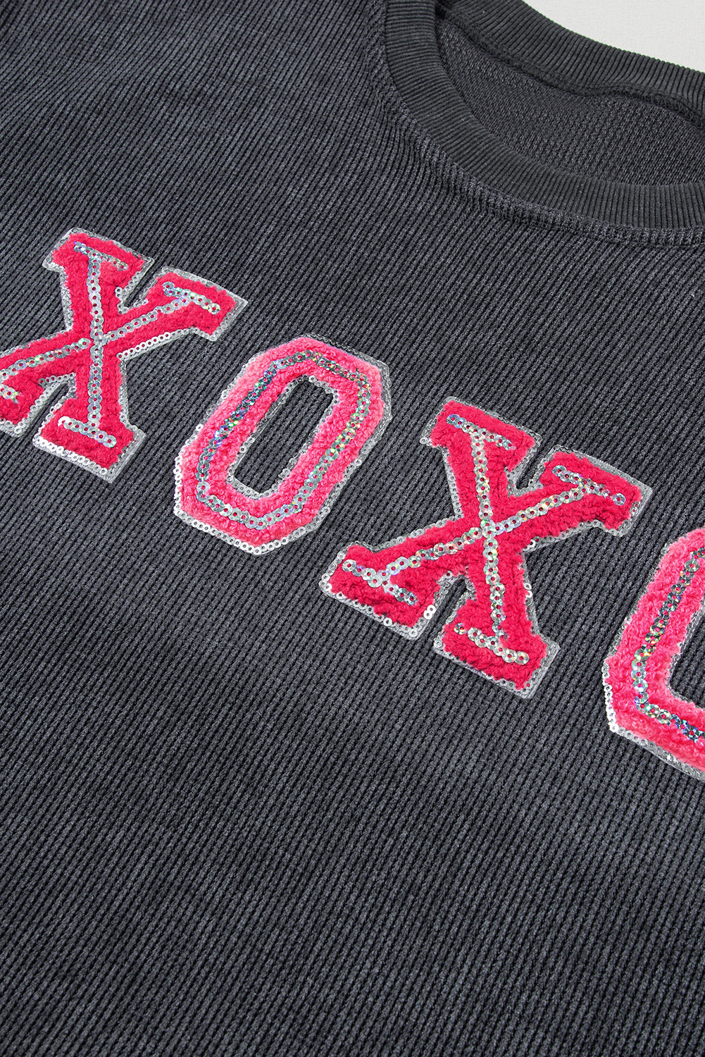 Valentine Sequin Xoxo Corded Crew Neck Sweatshirt | Gray