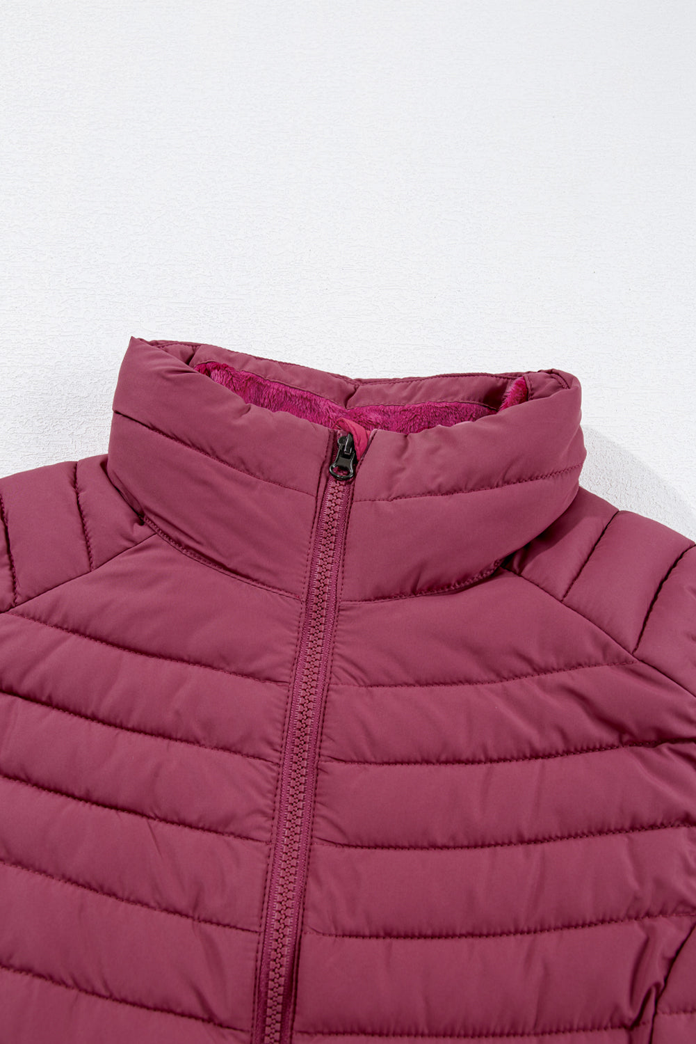 Plush Collared Quilted Zipped Puffer Vest | Burgundy