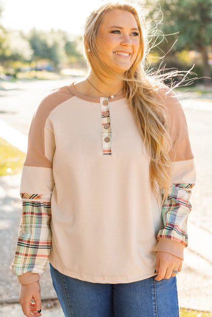 Plus Size Plaid Patchwork Layered Henley Top | Parchment