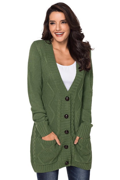 Front Pocket And Buttons Closure Cardigan | Green