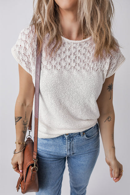 Eyelet Knit Tied Back Short Sleeve Sweater | White