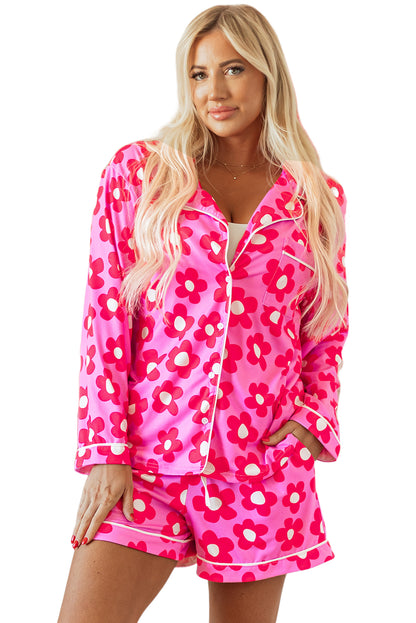 Flower Print Long Sleeve Shirt Shorts Pajamas Set | Pink