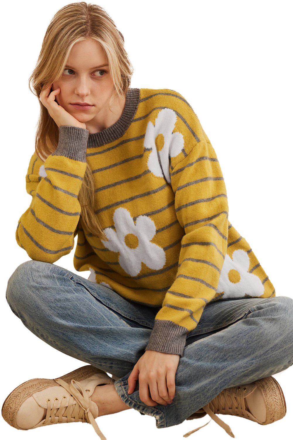 Daisy Floral Knitted Round Neck Sweater | Yellow Stripe