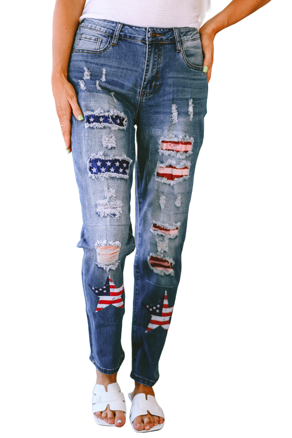 American Flag Patched Distressed Jeans | Sky Blue