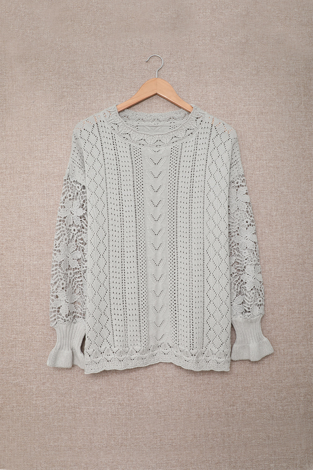 Crochet Lace Pointelle Knit Sweater | Gray