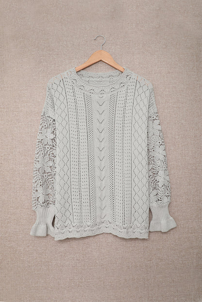 Crochet Lace Pointelle Knit Sweater | Gray