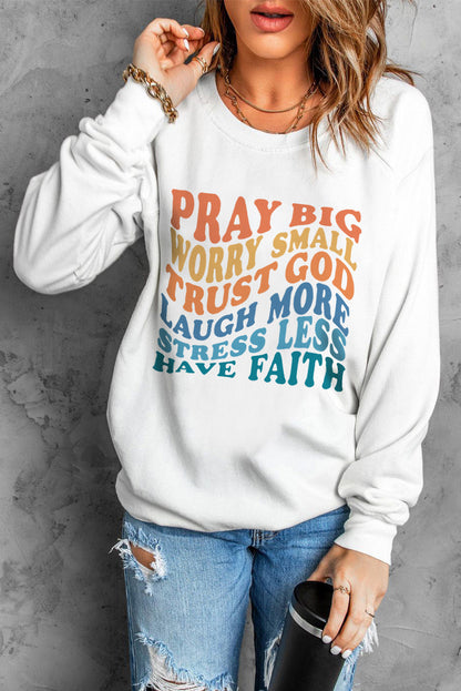 Slogan Letters Print Long Sleeve Pullover Sweatshirt | Beige