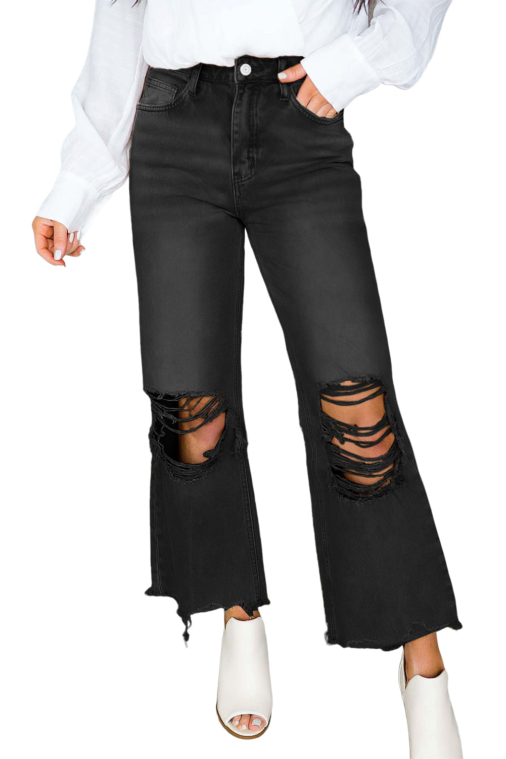 Distressed Hollow-Out High Waist Cropped Flare Jeans | Black