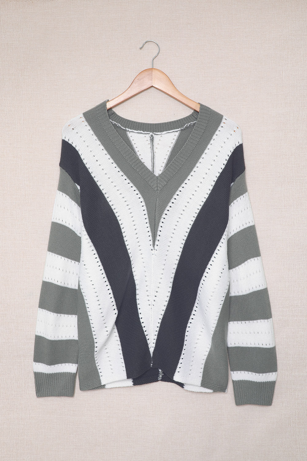 Striped Colourblock V Neck Knitted Sweater | Gray