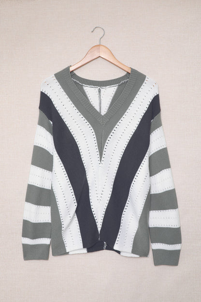 Striped Colourblock V Neck Knitted Sweater | Gray