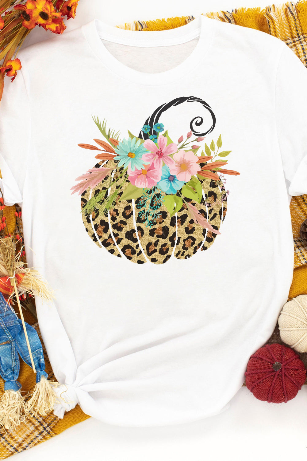 Floral Leopard Pumpkin Graphic Halloween T Shirt | White