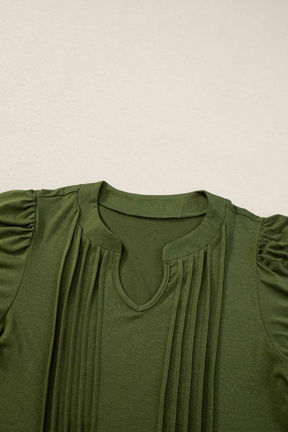 Notched Neck Pleated Puff Sleeve Shift T-Shirt Dress | Fern Green