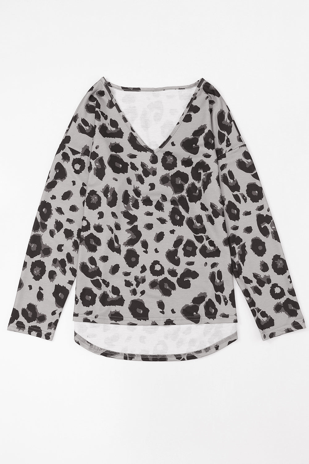 Leopard Split Joint V Neck Long Sleeve Top | Gray