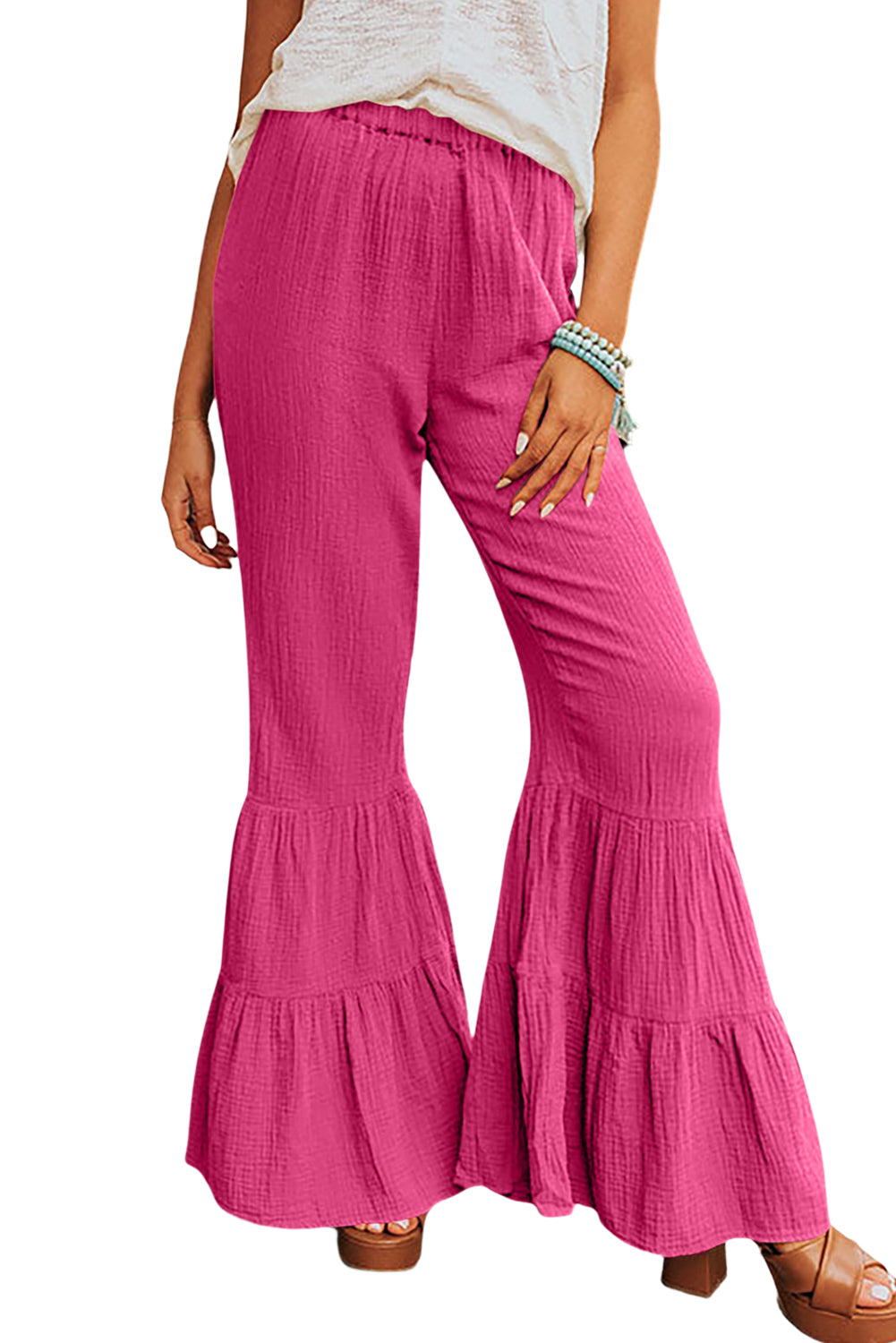 Textured High Waist Ruffled Bell Bottom Pants | Rose