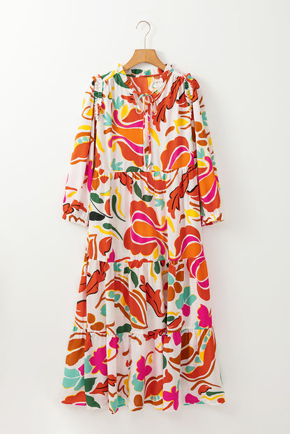 Floral Print Split V Neck Tiered Maxi Dress | Orange