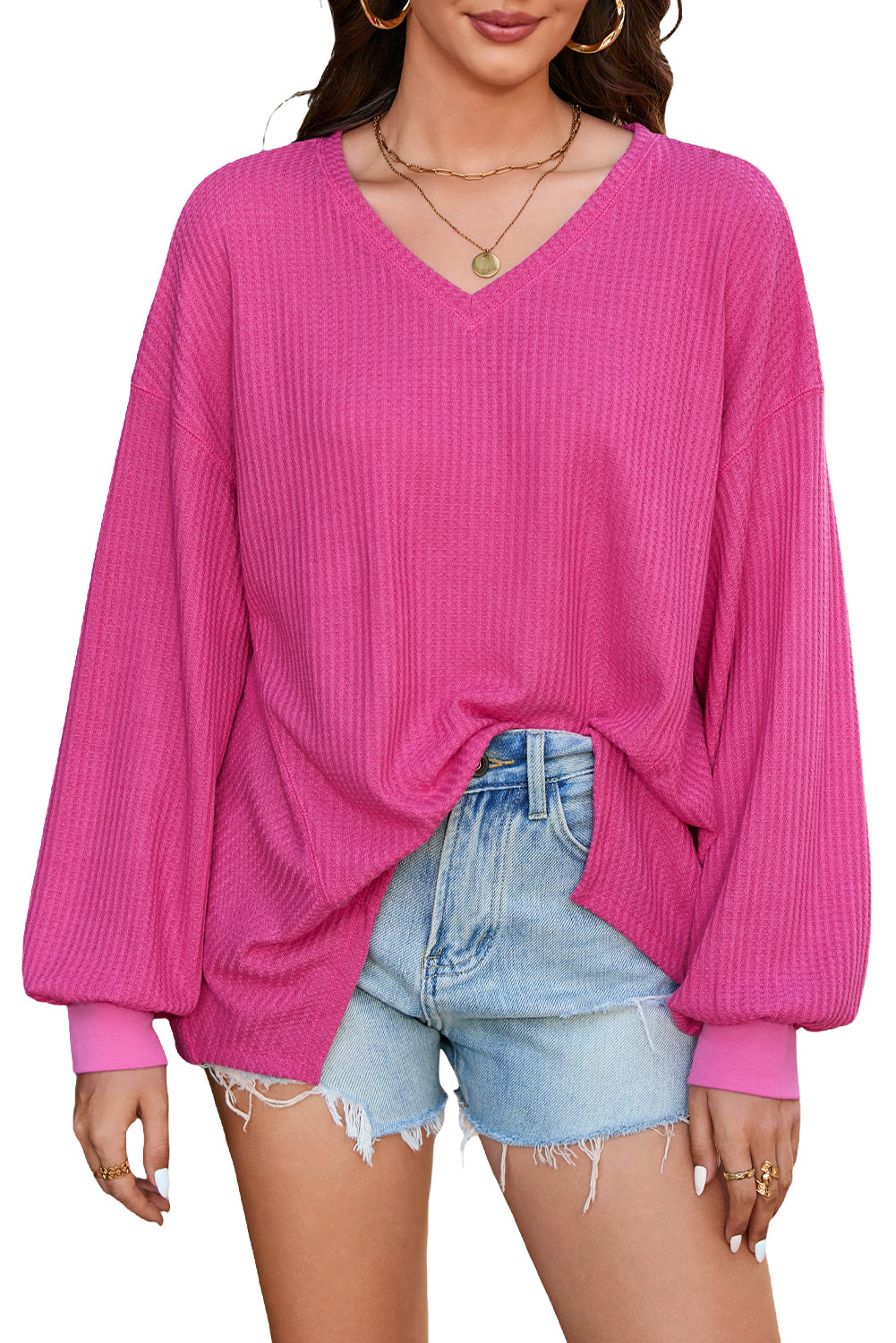 Waffle V Neck Long Sleeve Drop Shoulder Loose Blouse | Bright Pink