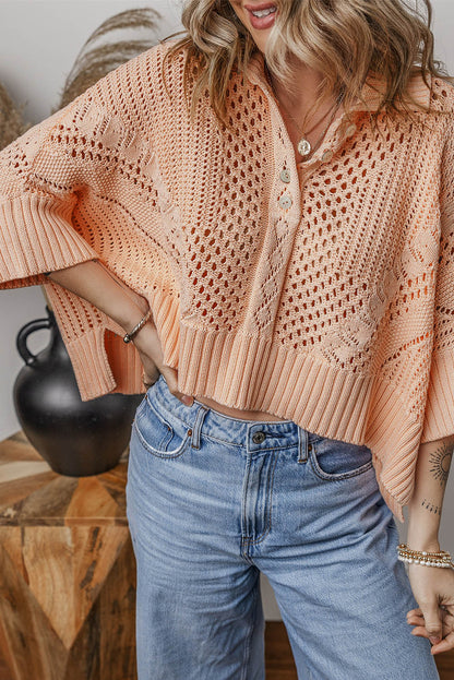 Hollowed Knit 3/4 Dolman Sleeve Buttoned Collared Sweater | Apricot Pink