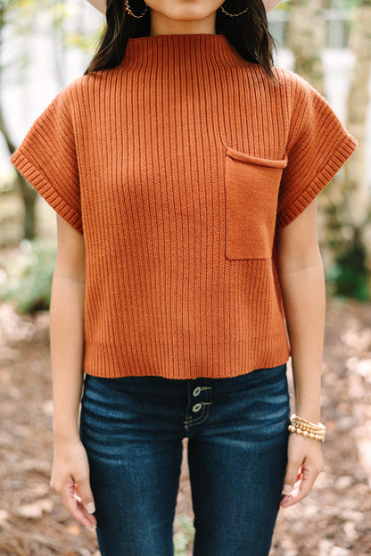 Patch Pocket Ribbed Knit Short Sleeve Sweater | Gold Flame