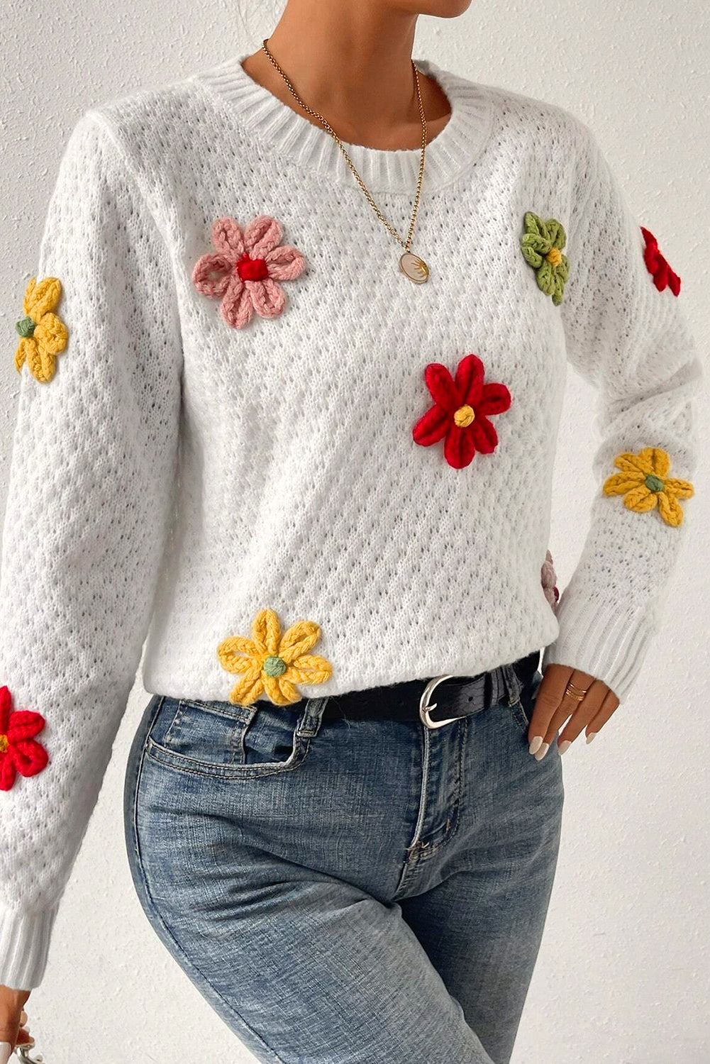 Colourful Flower Applique Textured Knit Sweater | White